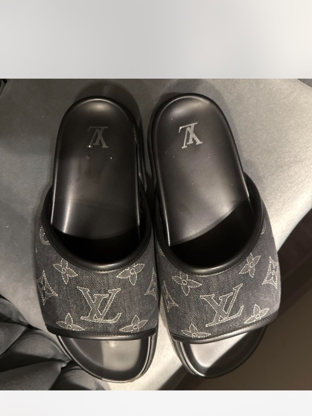 Louis Vuitton Black Monogram Denim Slide Sandals with Leather Trim - Picture 2 of 2